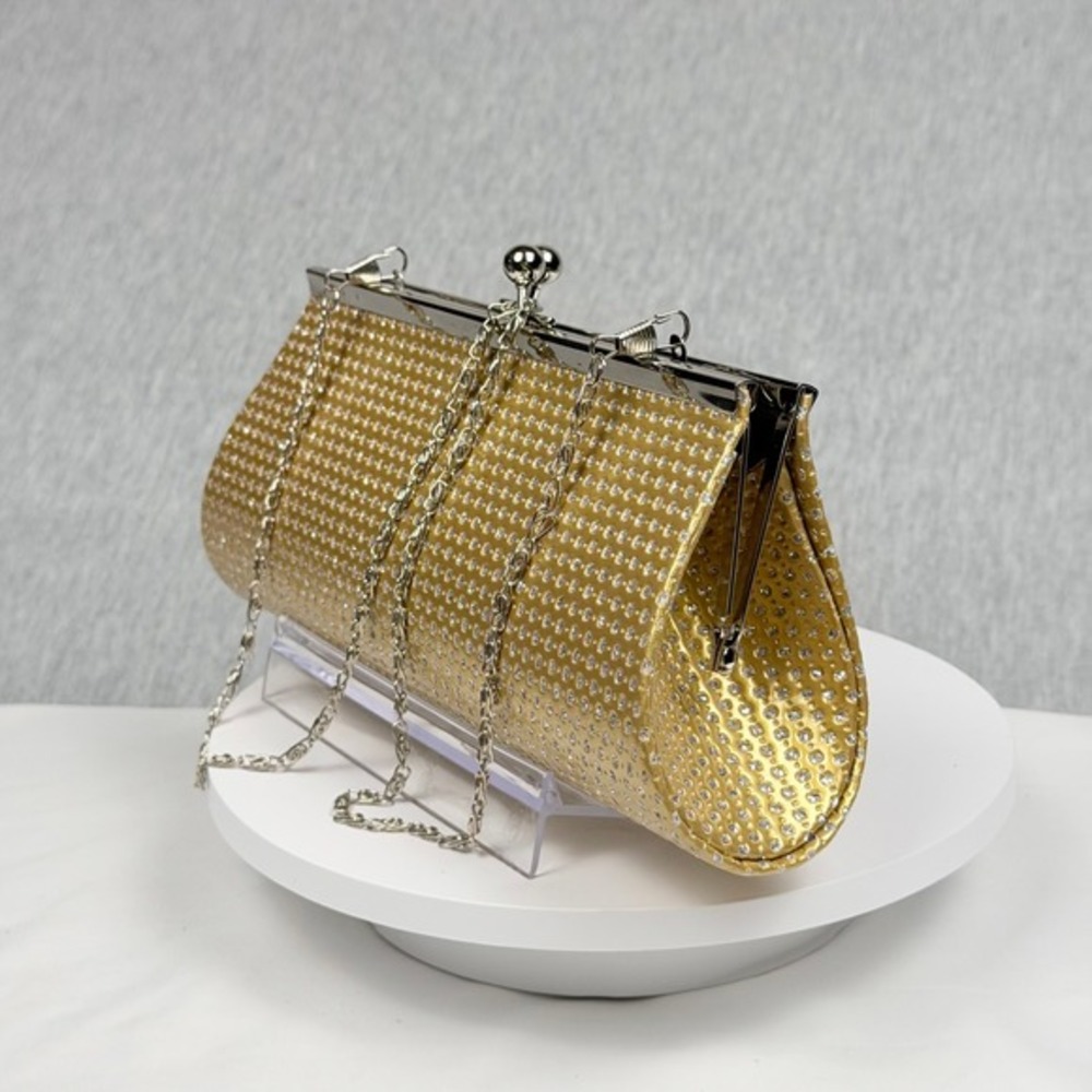 Gold Rhinestone Evening Clutch Metallic Formal Wedding Purse with Chain Strap - Picture 6 of 11